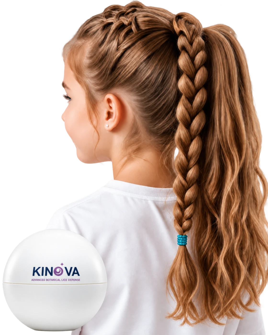 ילדה עם צמה ומוצר KINOVA לקוקו ולצמות